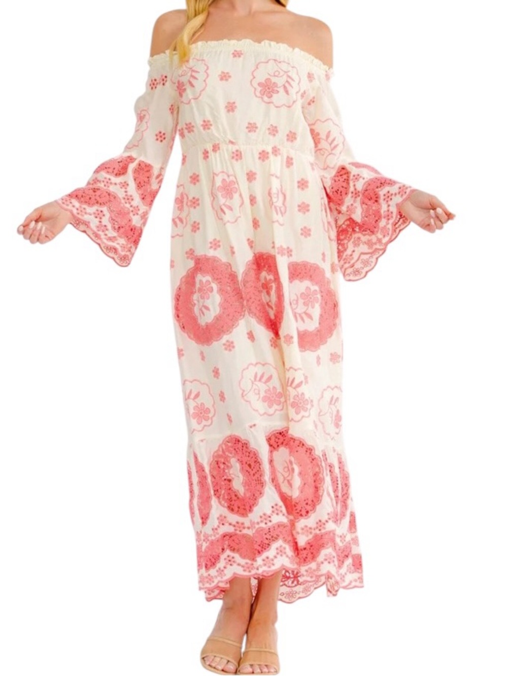 Crochet Eyelet Embroidered Boho Off/Partially On Shoulder Maxi Dress - Picture 3 of 3